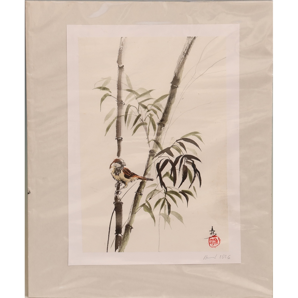 Calligraphie - Un moineau dans les bambous