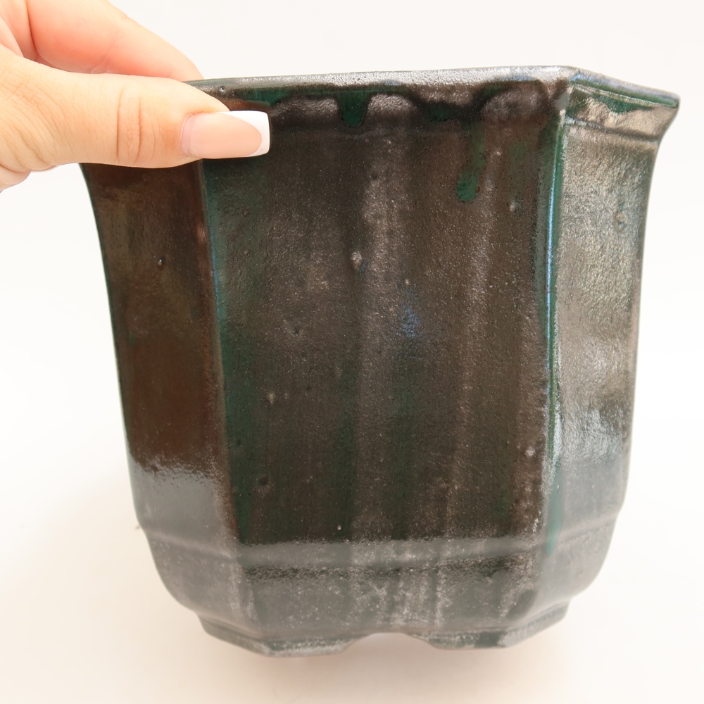 Pot à bonsaï en céramique 17,5 x 17,5 x 15,5 cm, couleur vert métallisé