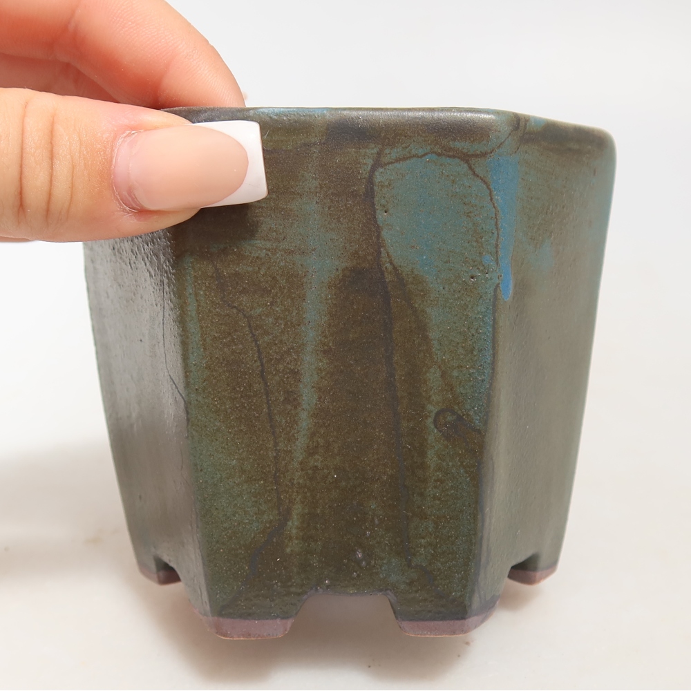 Pot à bonsaï en céramique 9 x 8,5 x 8 cm, couleur marron-bleu
