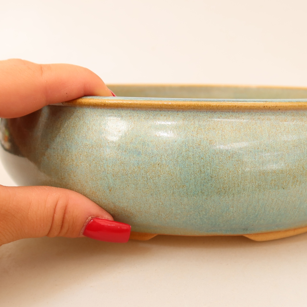 Pot à bonsaï en céramique 21,5 x 21,5 x 6,5 cm, couleur verte