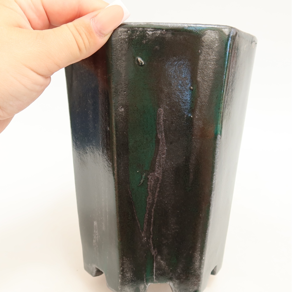 Pot à bonsaï en céramique 13 x 12 x 17 cm, couleur vert métallisé