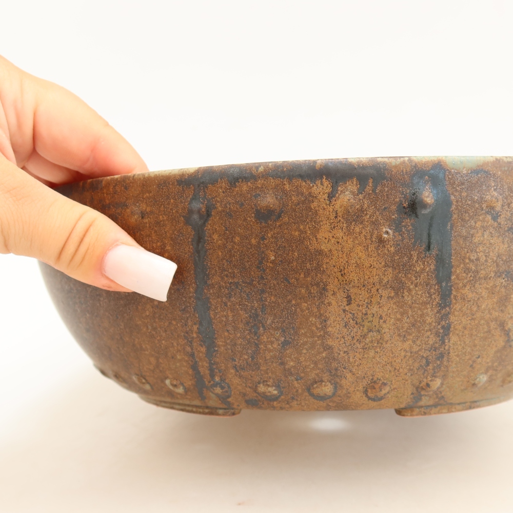 Pot à bonsaï en céramique 24,5 x 24,5 x 7,5 cm, couleur brun-vert
