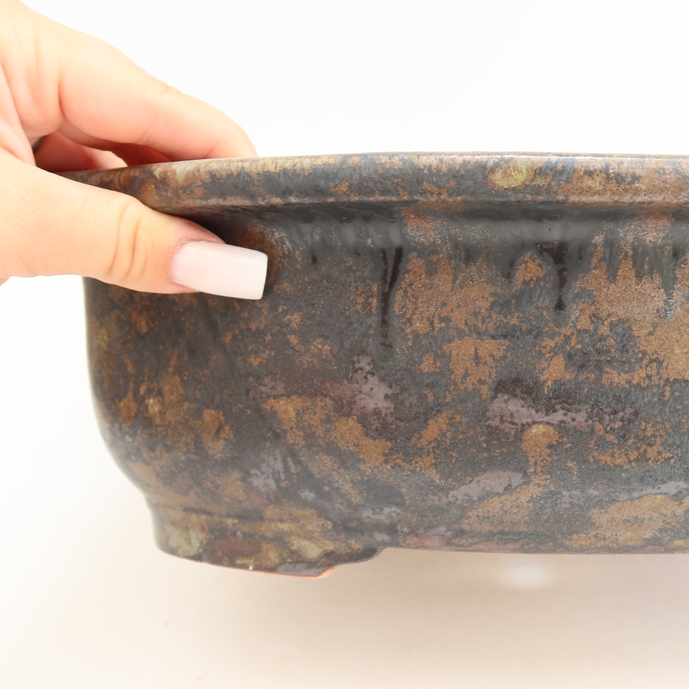 Pot à bonsaï en céramique 30,5 x 25,5 x 10,5 cm, couleur marron-bleu