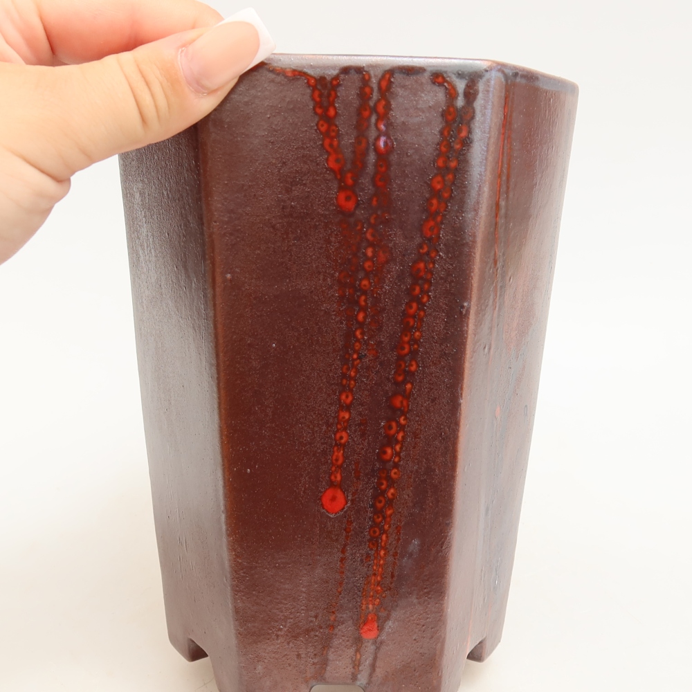 Pot à bonsaï en céramique 13 x 12 x 17 cm, couleur rouge métallisé