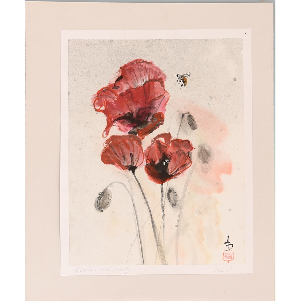 Calligraphie - Une abeille et des pavots 