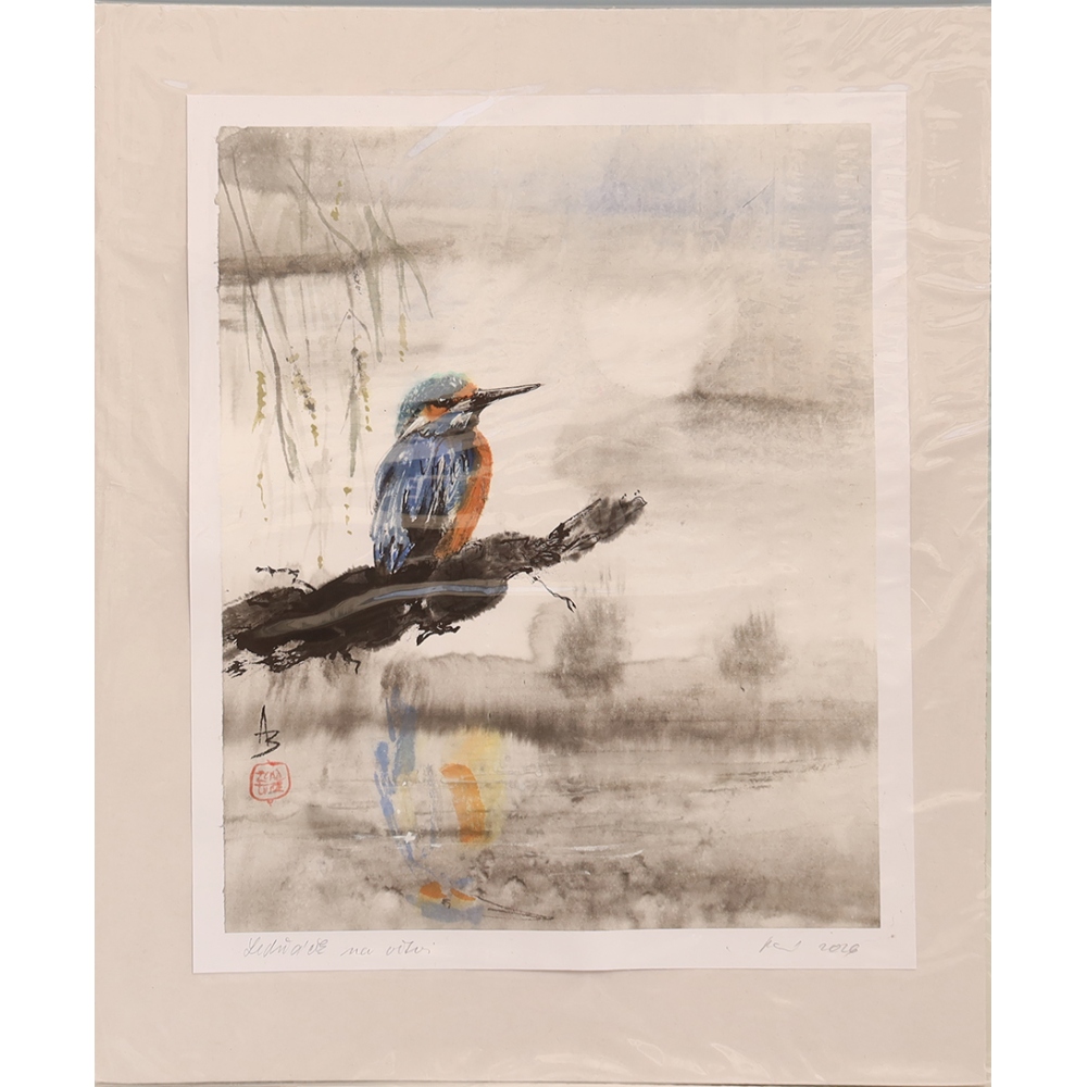 Calligraphie - Un martin-pêcheur sur une branche