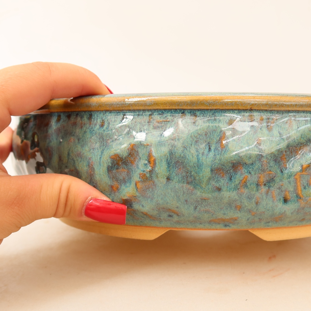 Pot à bonsaï en céramique 25 x 25 x 7,5 cm, couleur verte