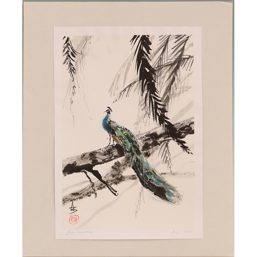 Calligraphie - Un paon sur une branche