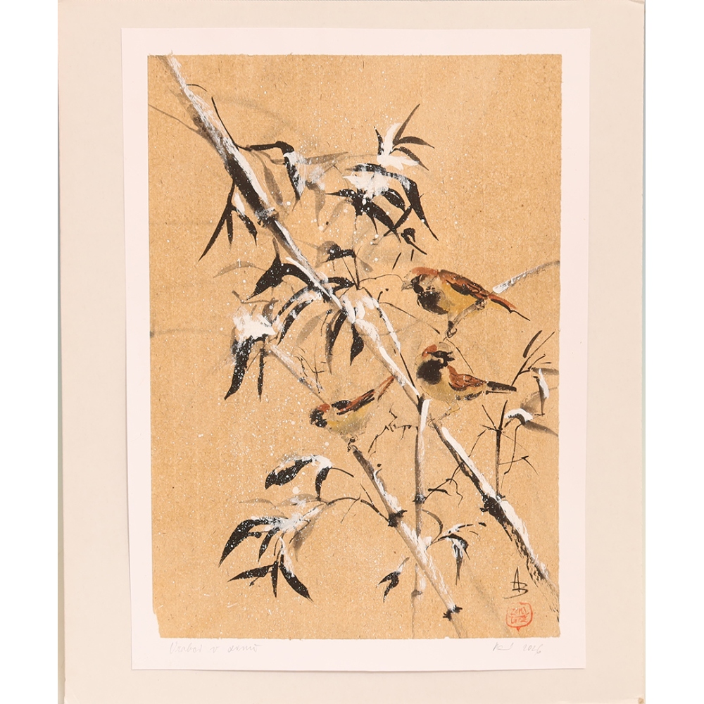 Calligraphie - Des moineaux en hiver